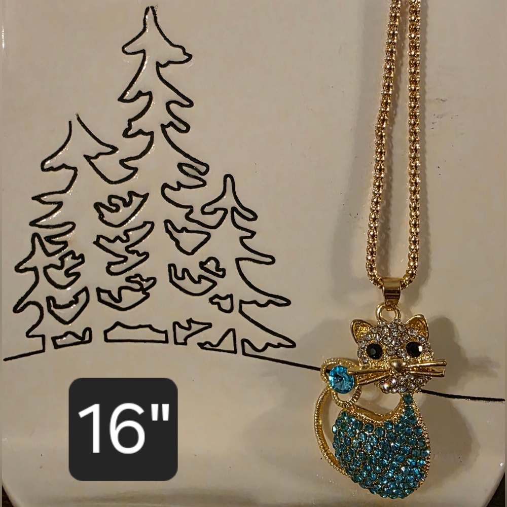 BETSY JOHNSON Gold Tone and Blue Cat Pendant Necklace